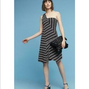 Anthropologie Maeve Black Striped Moka One-Shoulder Asymmetrical Dress